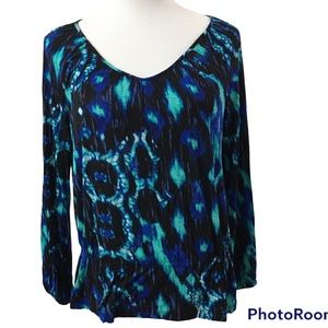 JONES NEW YORK SPORT Blue Green Multicolored Print Ruched Waist Long Sleeve Top